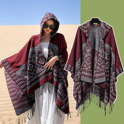 Ethnic Style New Split Shawl Women'S Cloak Scarf Thickened Warm Travel Coat Cloak