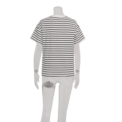 Round Neck Striped Loose Short Sleeves Top