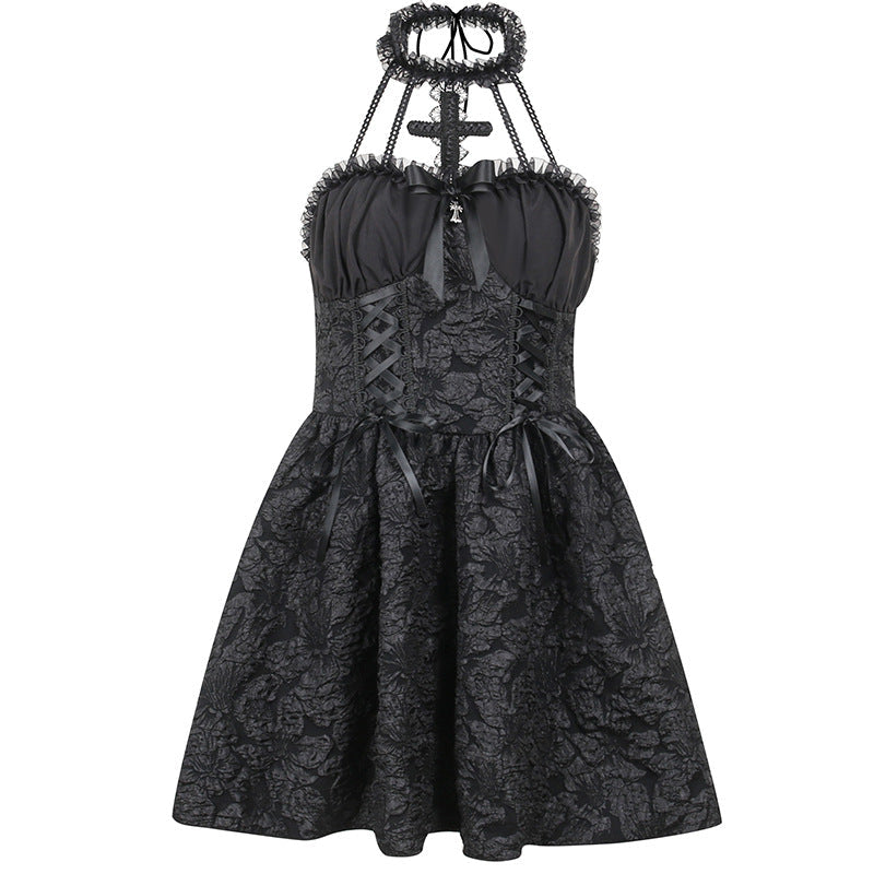 Black Ruffle Neck Halter Dress Stylish Summer Dress