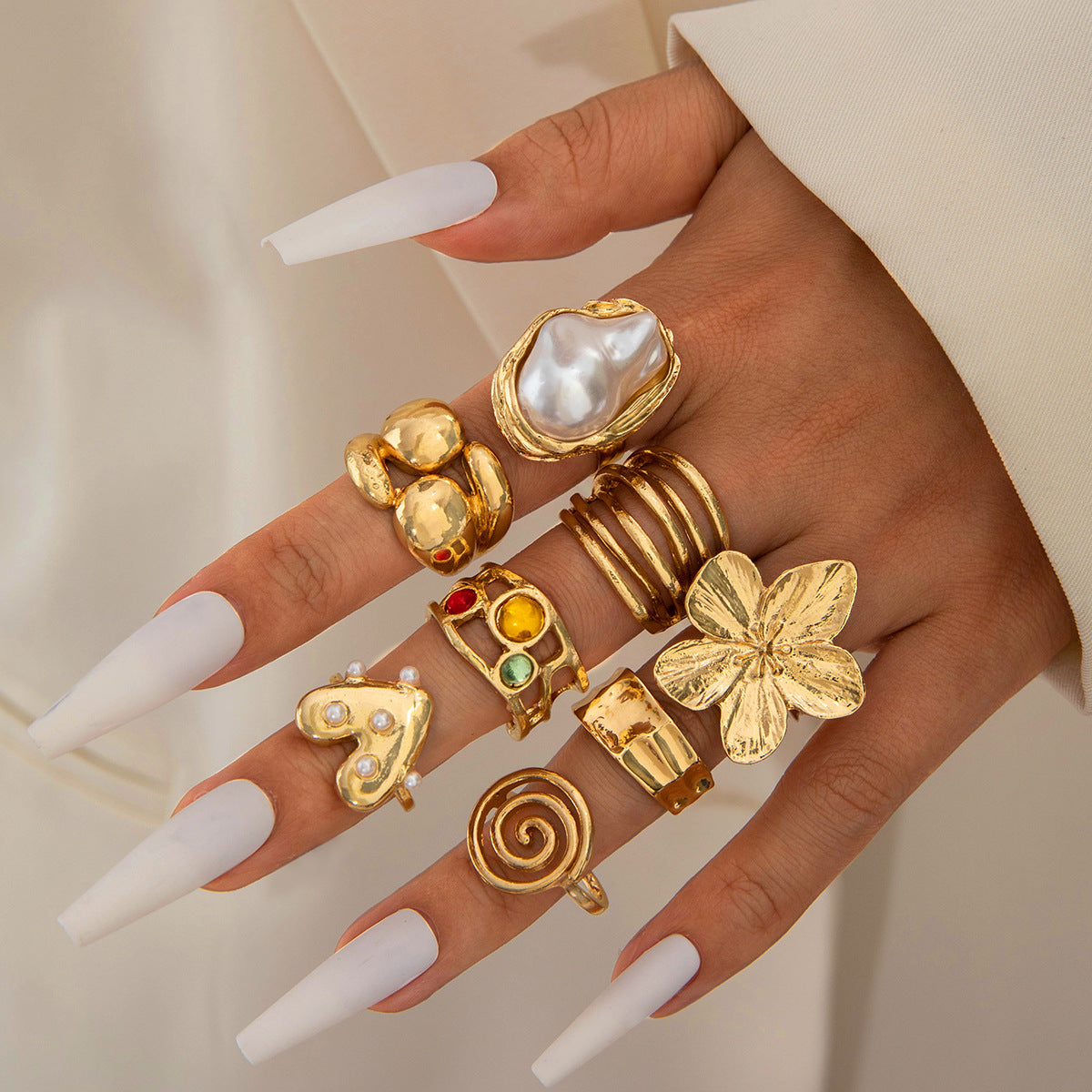 Flower-Decorated Pearl Ring Set Retro Baroque Geometric Rings