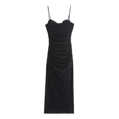 Elegant Mesh Ruched Spaghetti Strap Maxi Dress