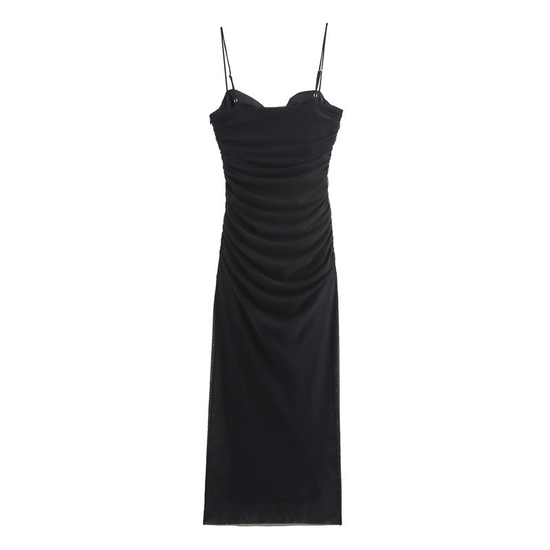 Elegant Mesh Ruched Spaghetti Strap Maxi Dress