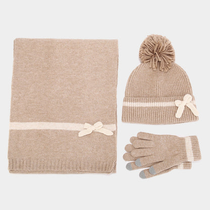 Winter Cute Bow Knot Hat Scarf Gloves Set