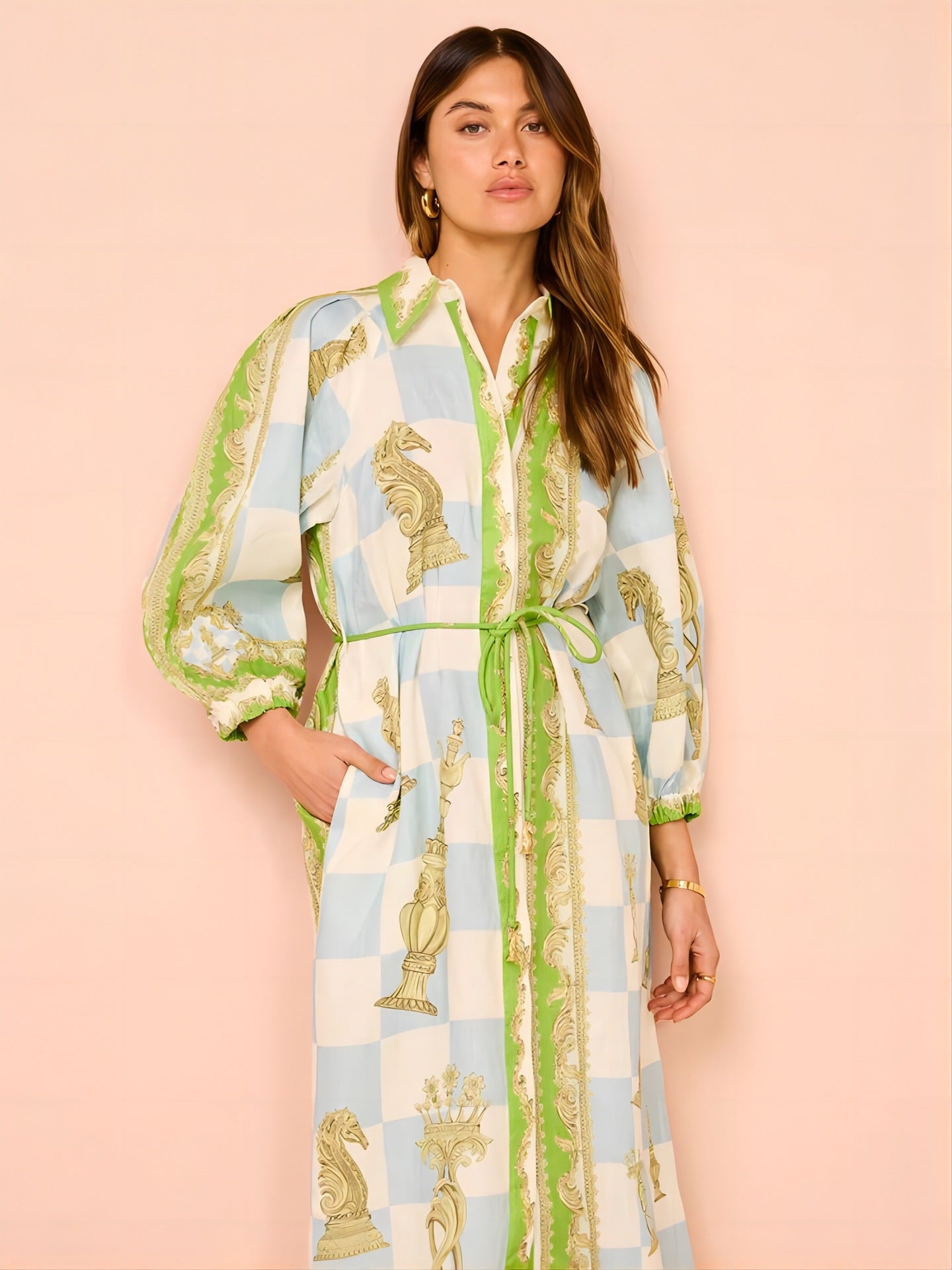Elegant Casual Long Sleeve Printed Shirt with Belt