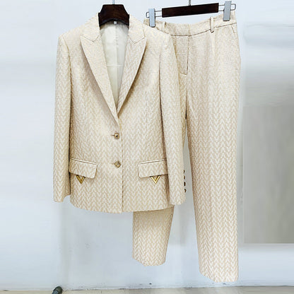 Elegant Jacquard Blazer And Trousers Set For Events