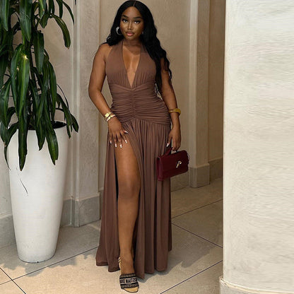 Casual Solid Color Sleeveless Deep V-Neck Dress