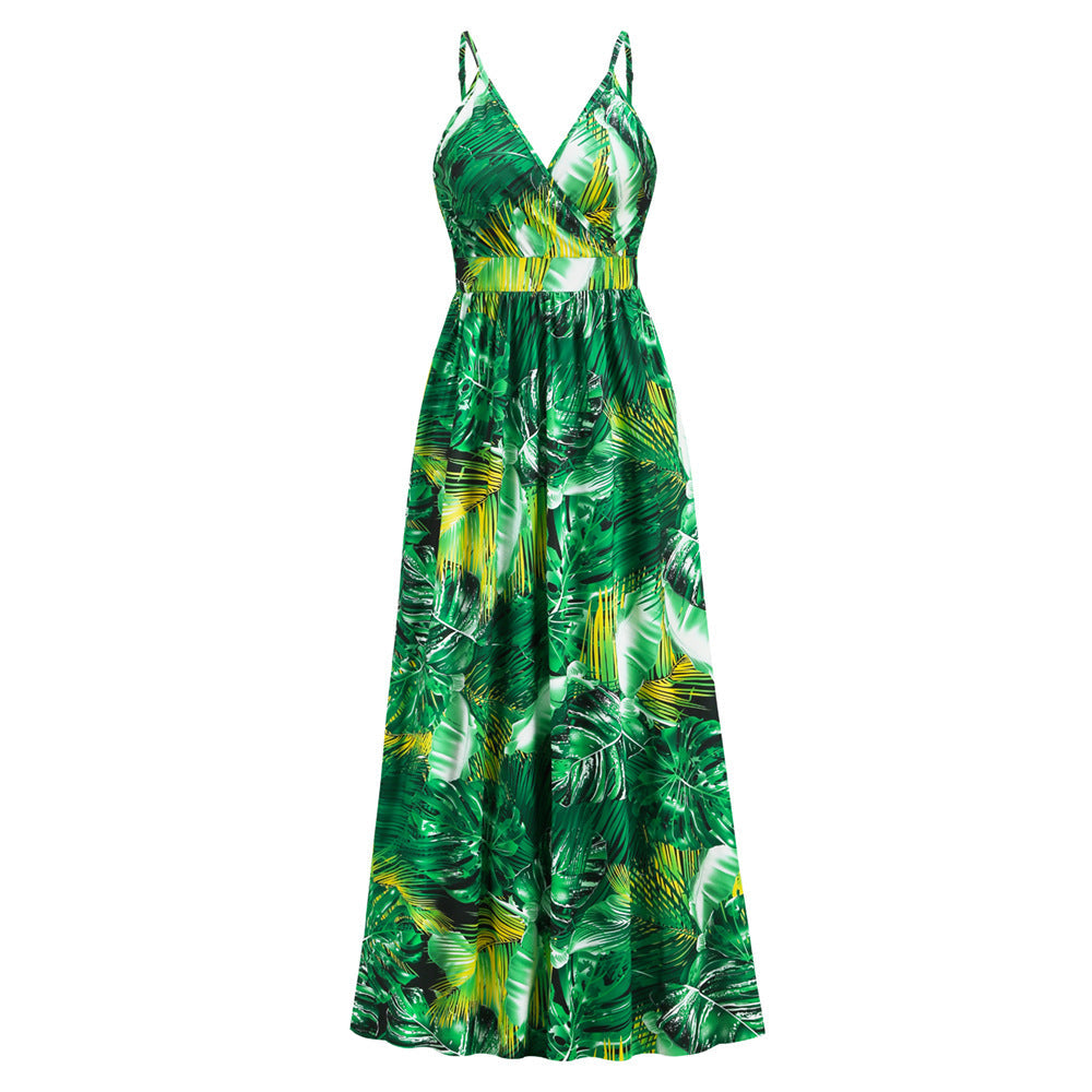 Bohemian Print Maxi Dress Sexy V-Neck Slip Dress