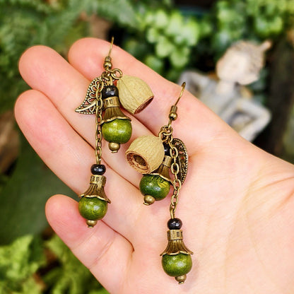 Bohemian Floral-Inspired Alloy Earrings with Unique Wood Bead Design
