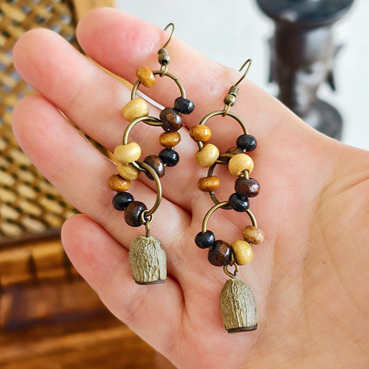 Botanical Pattern Wooden Bead Dangle Earrings