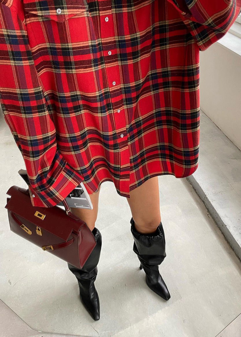 Oversized Red Plaid Shirt With Chest Pockets