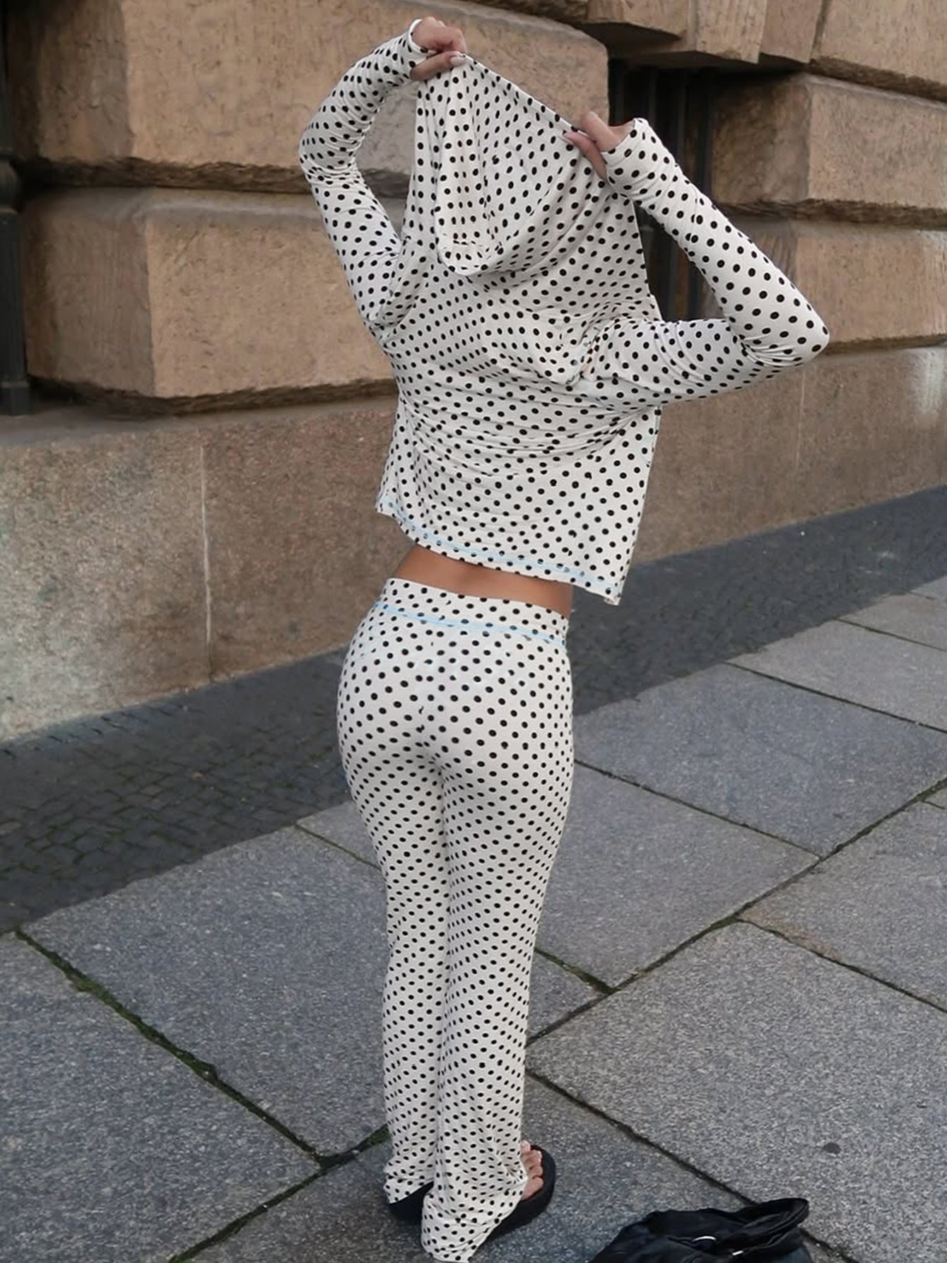 Trendy Polka Dot Hooded Cardigan and Color Block Pants Set