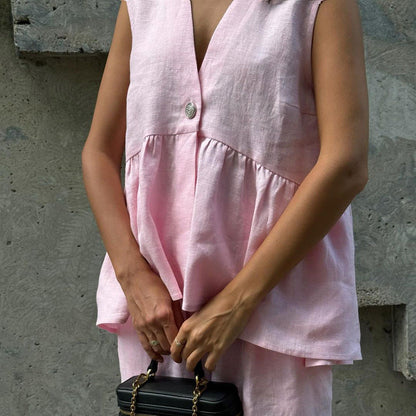 Cotton V-Neck Sleeveless Top and Long Pants Set for Women