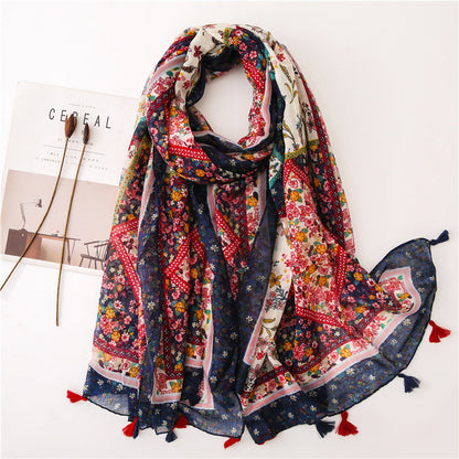 Japanese Literary And Artistic Fresh Cotton And Linen Scarf Retro Patchwork Bohemian Cashew Print Silk Scarf Beautiful Sunscreen Scarf