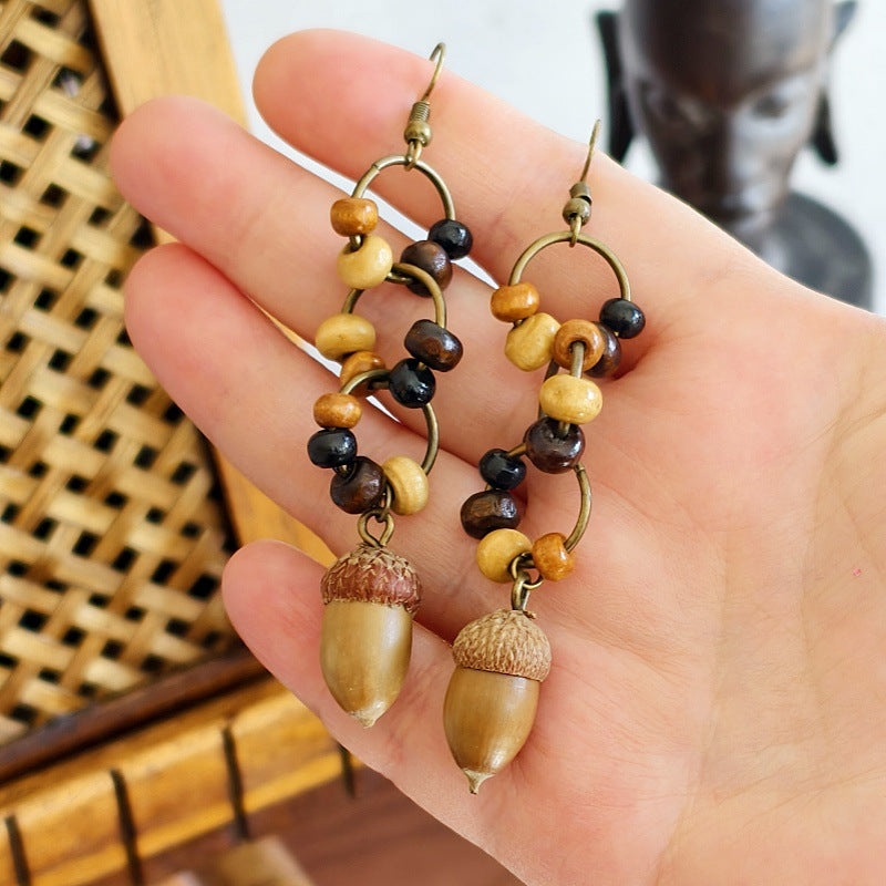Botanical Pattern Wooden Bead Dangle Earrings