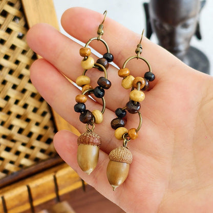 Botanical Pattern Wooden Bead Dangle Earrings