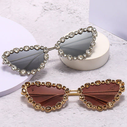 Cateye Sunglasses with Rhinestones Stylish Metal Frame Party Glasses