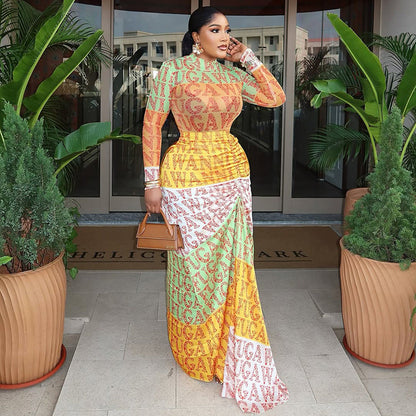Elegant Printed Bodycon Dress With High Neck Long Sleeves