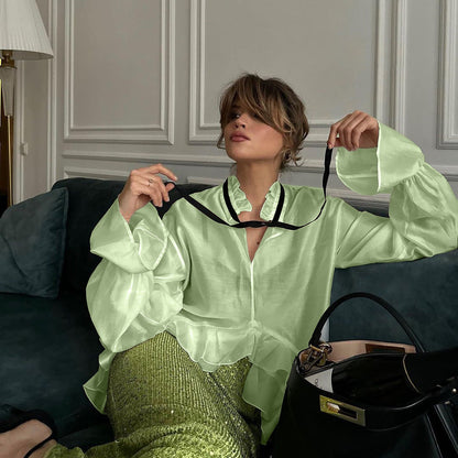 Trendy Sheer Blouse with Flare Sleeves