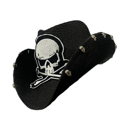 Black Paper Straw Cowboy Hat With Skull Design