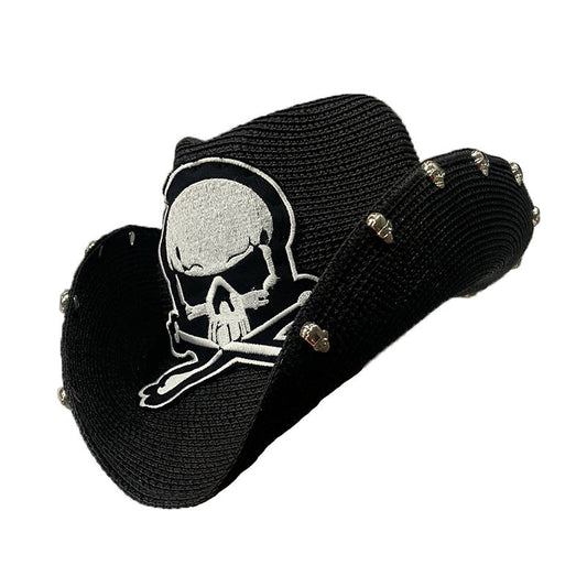 Black Paper Straw Cowboy Hat With Skull Design