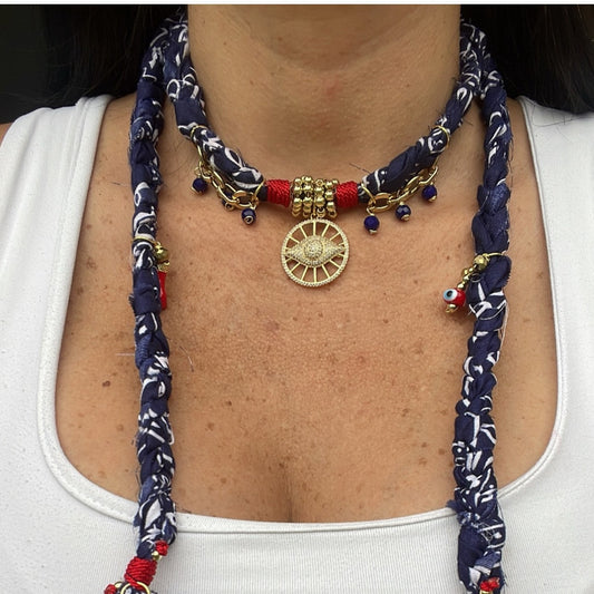 Handmade Floral Print Necklace with Silk Scarf