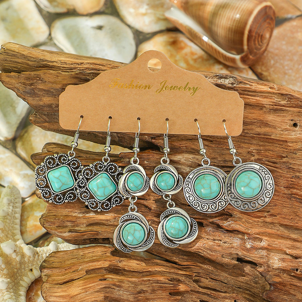 Turquoise Geometric Earrings Vintage Ethnic Style Zinc Alloy
