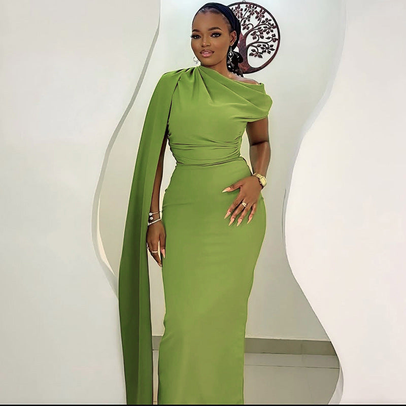 Elegant One-Shoulder Midi Dress Crafted From Milk Silk