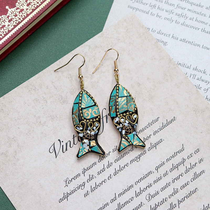 Minority Design Nepal Copper Fish Tibetan Handmade Necklace Men'S And Women'S Ethnic Style Retro Temperament Simple Earring Set