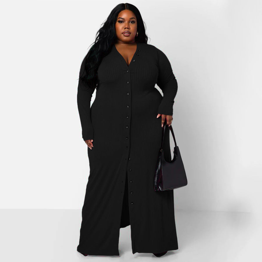 Plus Size Women'S V-Neck Split Hem Dress Stylish Casual A-Line Dress