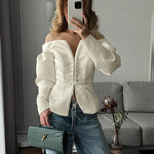 Off-Shoulder Tie Front Long Sleeve Top for Women