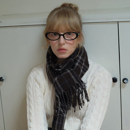 Brown Plaid Wool Blend Scarf with Fringes