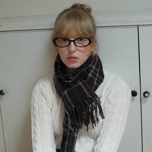 Brown Plaid Wool Blend Scarf with Fringes