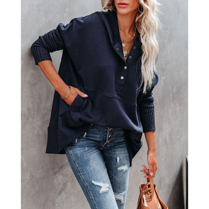 V-Neck Hooded Multi-Colored Bat-Sleeved Sweatshirt Loose Threaded Panels Top For Women