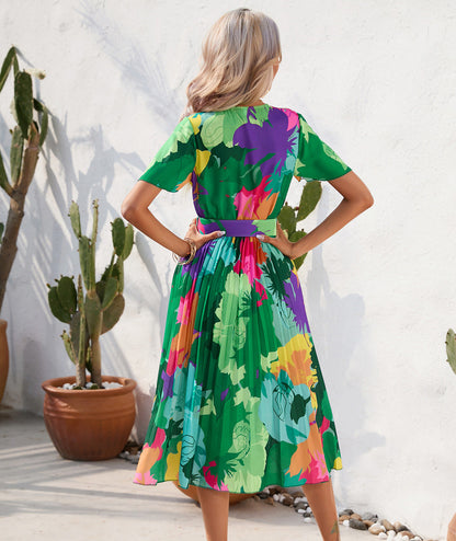Summer Floral Print Pressed Short-Sleeved Dress
