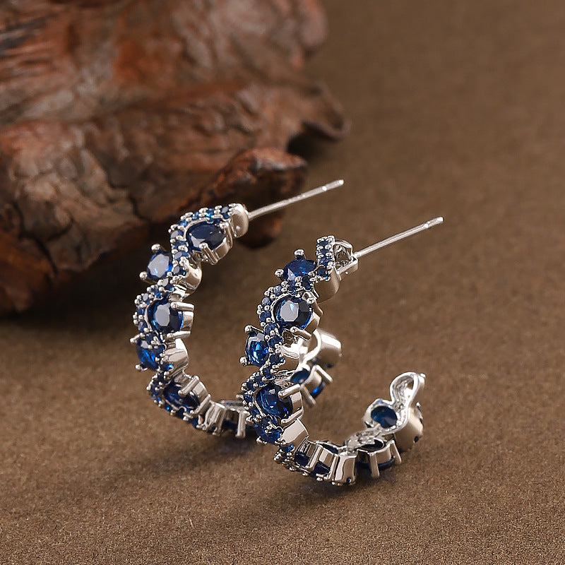 Sparkling Zirconia C-Shaped Hoop Earrings - Silver Needle, Elegant & Minimalist Design