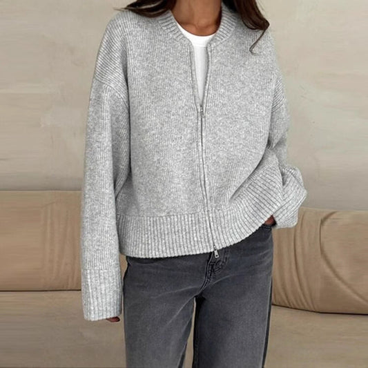Casual Solid Color Zip Up Knit Cardigan