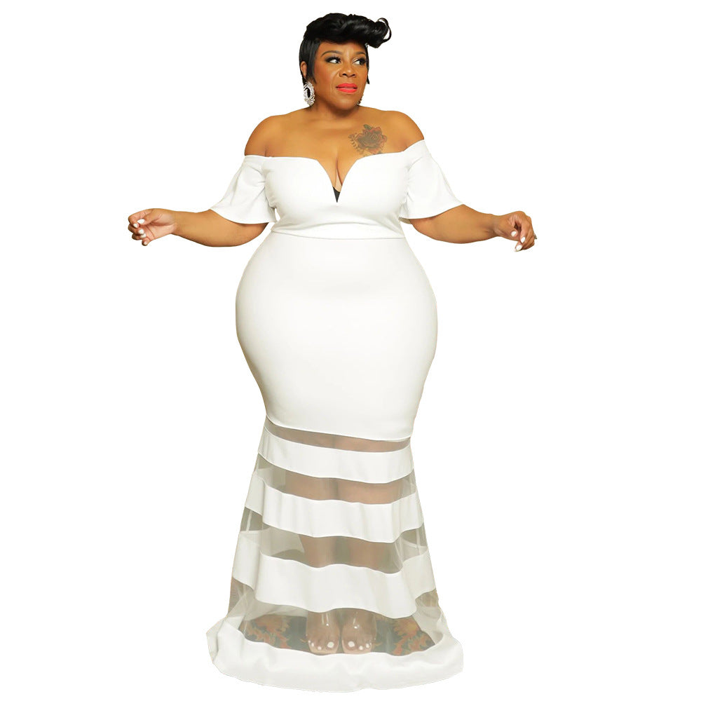 Plus Size V-Neck Sheer Fashion Dress With Flared Sleeves