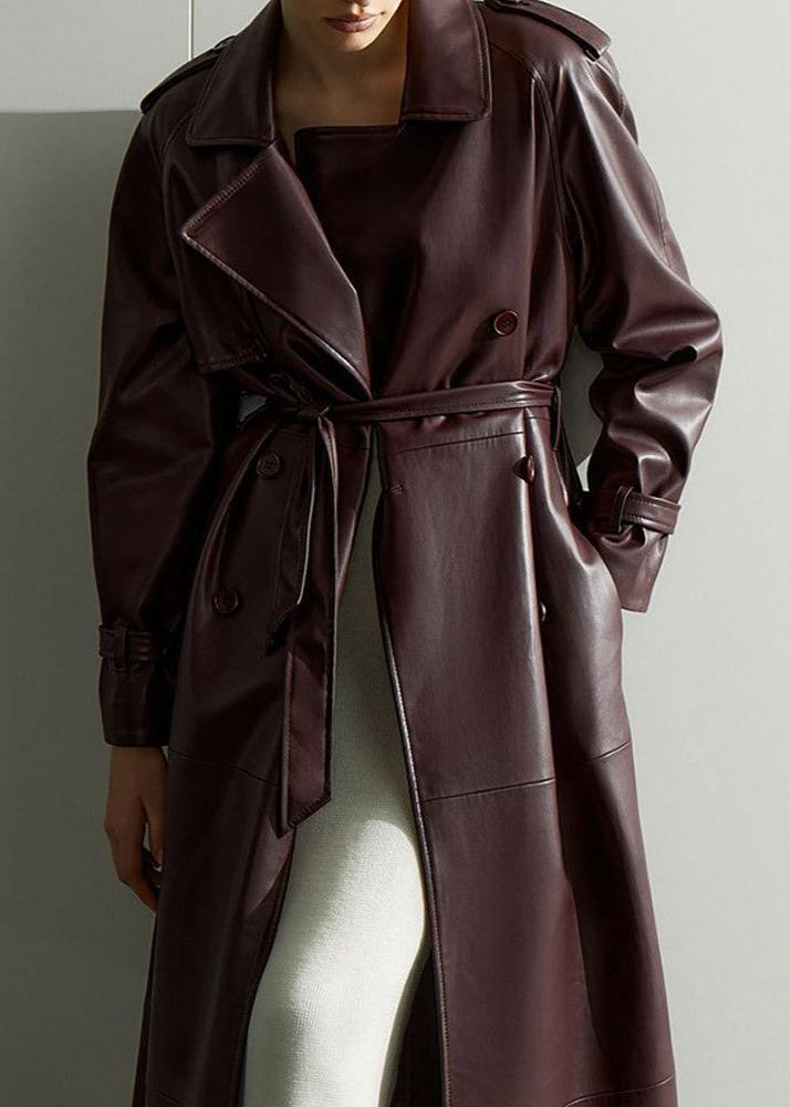 Faux Leather Trench Coat Burgundy Tailored