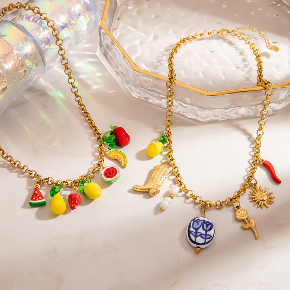 Handmade Fruit Glass Pendant Necklace Stainless Steel Choker