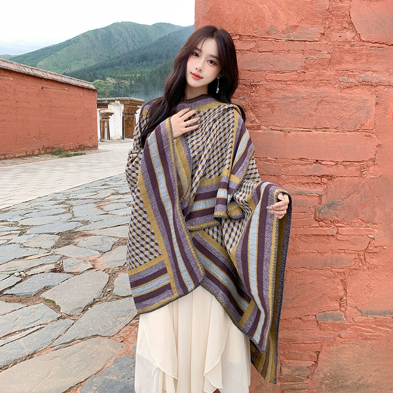 Tibetan Great Retro Totem Red Warm Outer Shawl Women'S Scarf Autumn And Winter Cloak Big Cloak