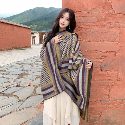 Tibetan Great Retro Totem Red Warm Outer Shawl Women'S Scarf Autumn And Winter Cloak Big Cloak