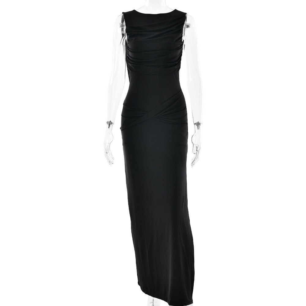 Fashion Round Neck Pleated Sleeveless Maxi Dress