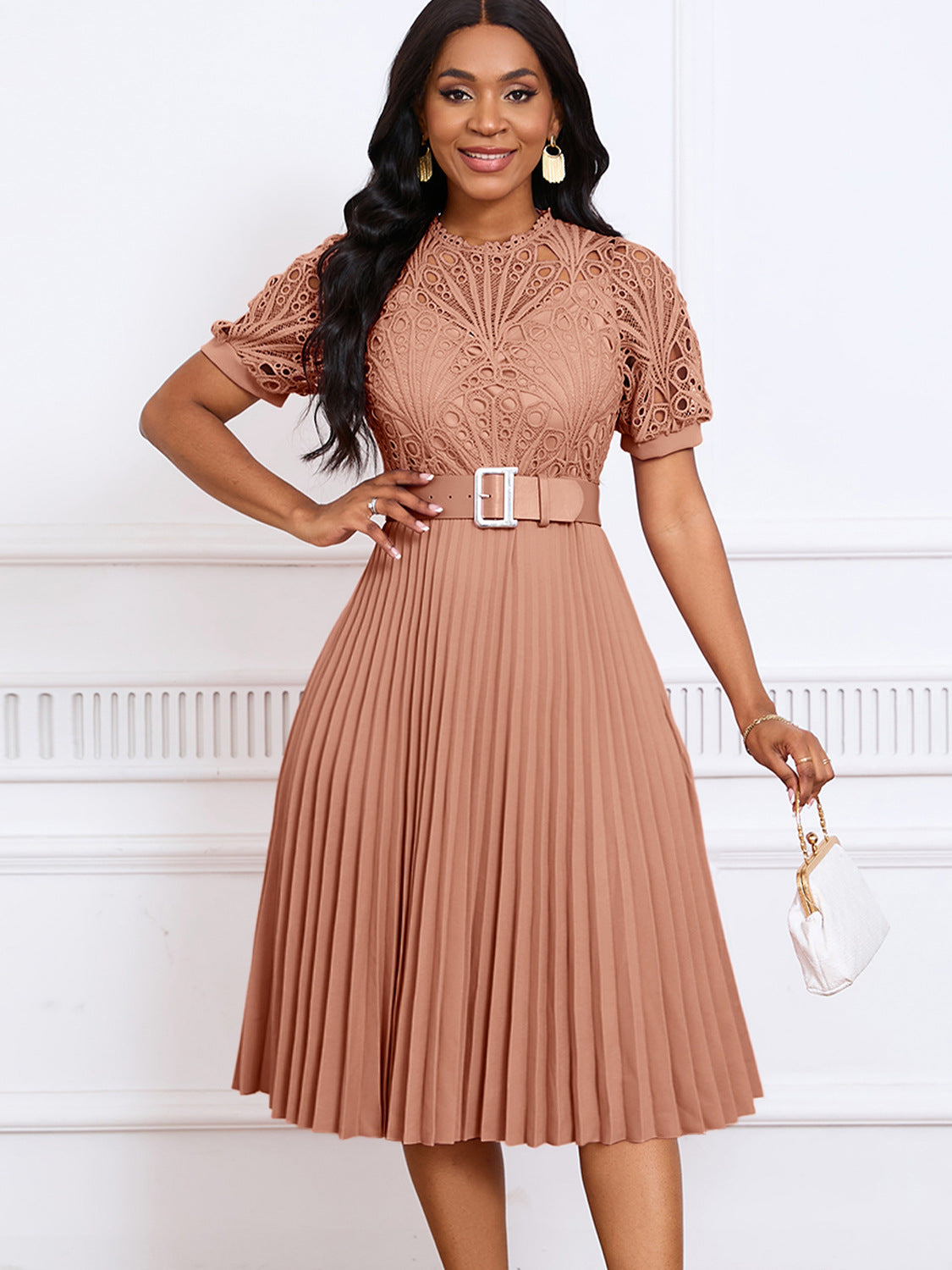 Elegant Lace Trim Short Sleeve A-Line Dress