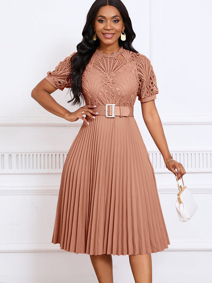 Elegant Lace Trim Short Sleeve A-Line Dress