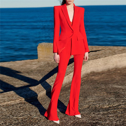 Trendy Two-Piece Suit With Blazer And Flared Pants