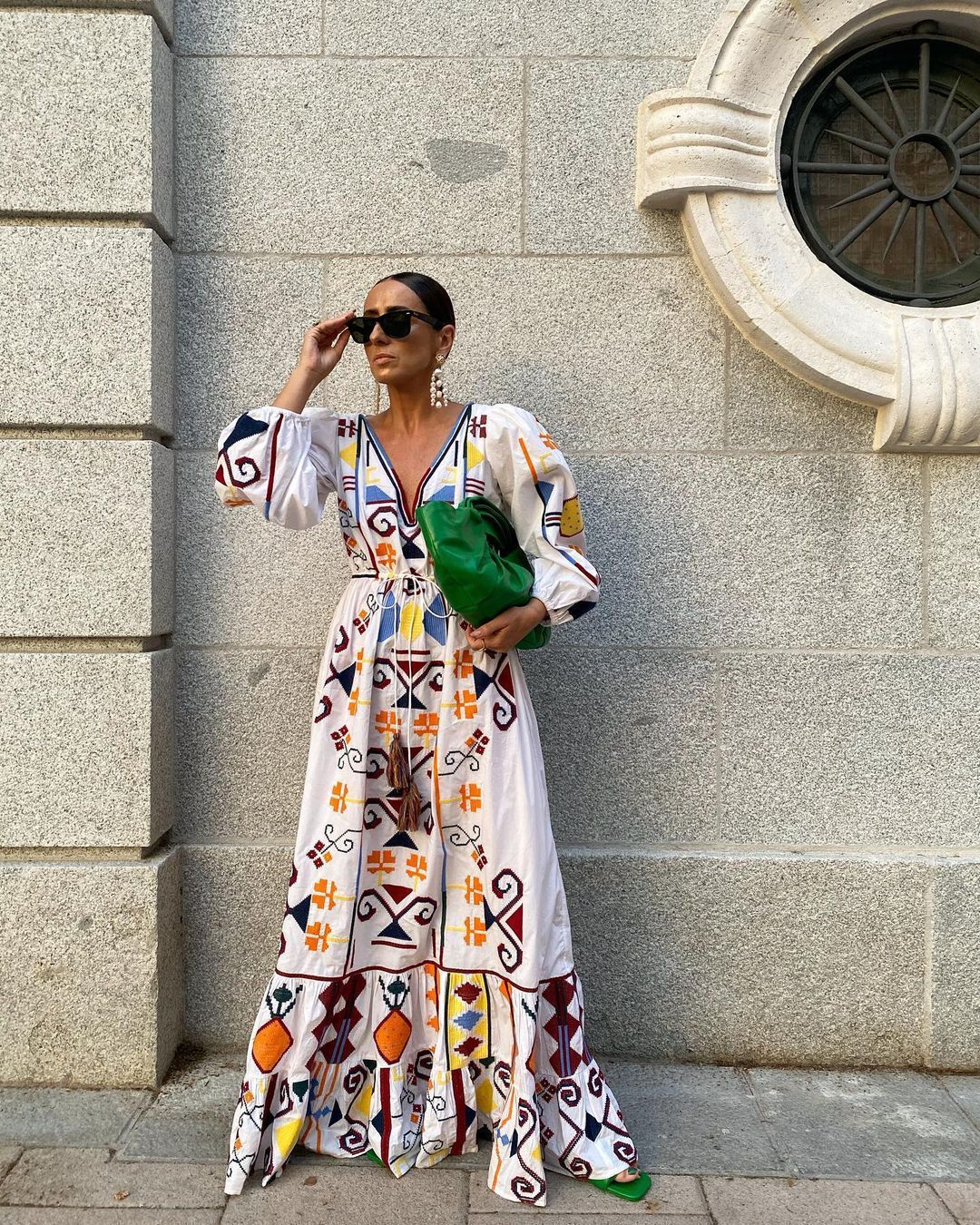 Holiday Style Lantern Sleeve Printed Long Skirt Mop The Floor Skirt