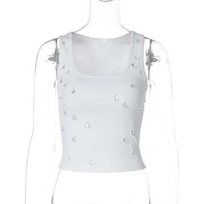 Trendy Sexy Cropped U-Neck Tank Top with Beading