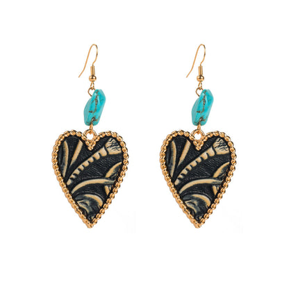Heart-Shaped Turquoise and Leather Alloy Earrings for Women