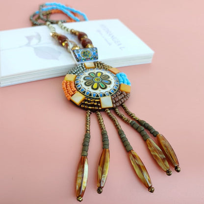 New National Style Sunflower Necklace Sweater Chain Antique Ceramic Jewelry Crafts