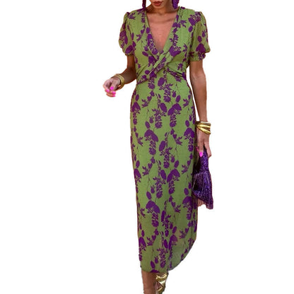 Color Block Floral Maxi Dress Elegant Fit Short Sleeve Dress